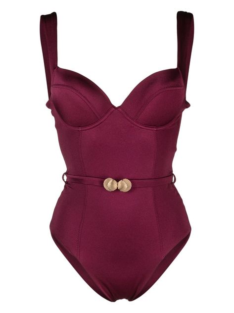 burgundy stretch-design corset style sweetheart neck built-in cups bra belted waist gold-tone stud detailing wide shoulder straps Be mindful to try on swimwear over your own garments. Corset Swimwear, Belted Swimsuit, Swimsuit Pink, Vintage Swimsuit, Vintage Swimwear, Versace Outfit, Cute Bathing Suits, Be Mindful, Pink Swimsuit