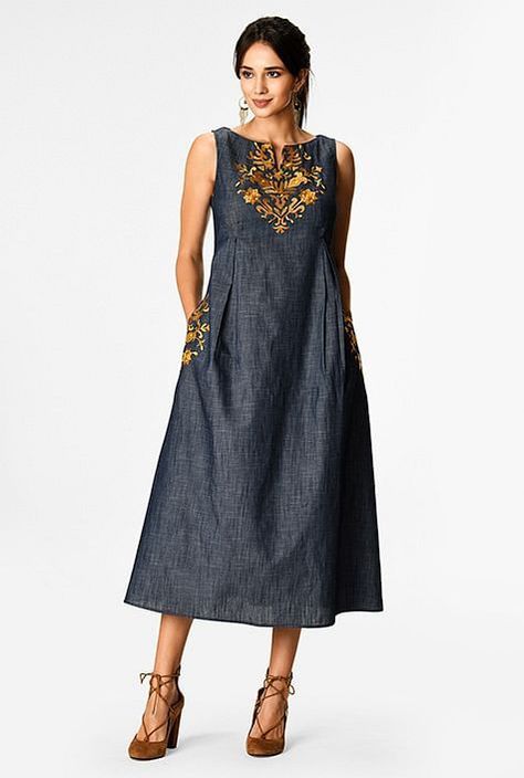 be53ee61104935234b174e62a07e53cfdesc35498769ri Chambray Dress, Embroidered Clothes, Pinterest Fashion, Dresses Women, Embellished Dress, Custom Dresses, Stylish Dresses, Women's Fashion Dresses, Chambray