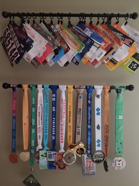 Bib And Medal Display, Track Bib Display, Race Plate Display, Running Bib And Metal Display, Running Medal Display Ideas The Wall, Conqueror Challenge Medal Display, Runners Medal Display, Display Race Metals, Displaying Running Medals