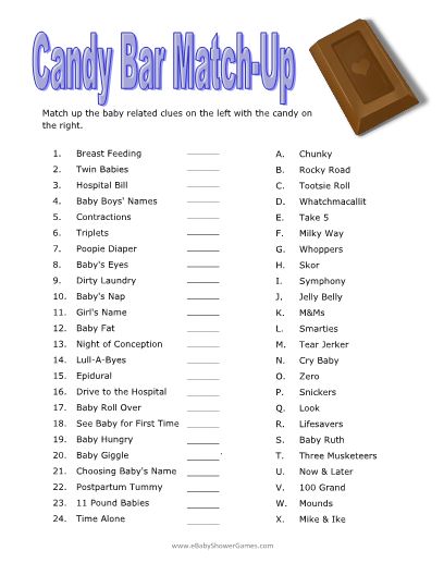 Printable Candy Bar Match-Up Game Baby Shower Candy Bar Game, Candy Bar Game, Couples Games, Baby Shower Games Coed, Modern Baby Shower Games, Free Printable Baby Shower Games, Panda Bebe, Quiz Games, Shower Prizes