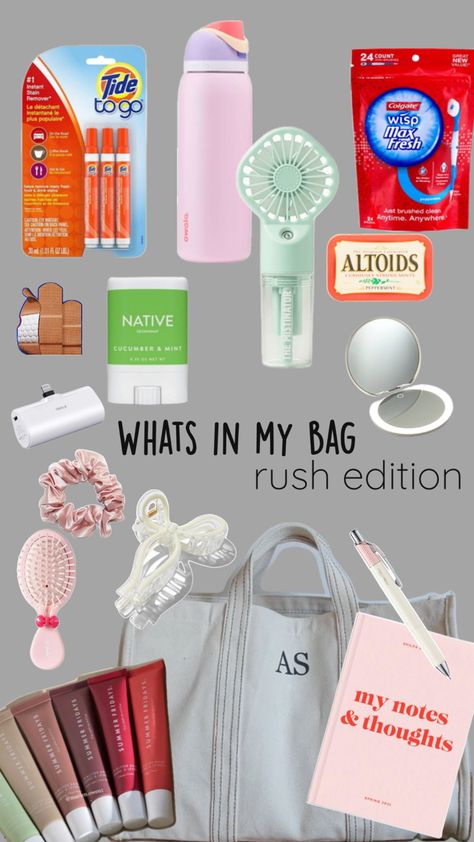 the all time rush essentials!!! you need these items in your bag. #sorority #sororityrush #rush #bama #utk #rushbag Rush Bag, Sorority Rush Week, Rush Week, Rush Outfits, Sorority Rush, Sorority Recruitment, What In My Bag, Bag Essentials, Roll Tide