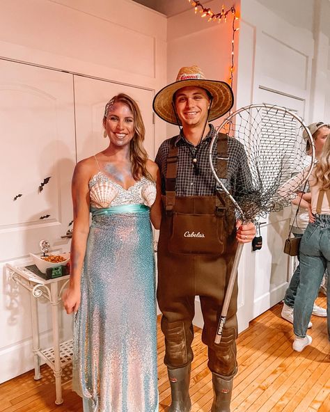 Mermaid and Fisherman. I got everything from Joanns and Hobby Lobby. I used a lace bralette and a hot glue gun for the top and safety pins for the skirt Fisherman And Mermaid Costume, Fish And Fisherman Couples Costume, Mermaid And Fisherman Costume, Mermaid And Fisherman, Fisherman Costume, Fishing Couples, Mermaid Halloween Costumes, Mermaid Halloween, Couples Halloween