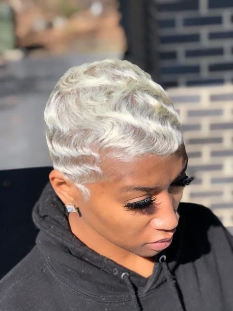 Blonde Short Fingerwaves, Short Blonde Fingerwaves Black Women, Pixie Waves Black Women, Platinum Fingerwaves, Finger Wave Pixie Cut, Platinum Blonde Short Hair Black Women, Platinum Blonde Pixie Black Women, Short Blonde Pixie Black Women, Blonde Fingerwaves Black Women