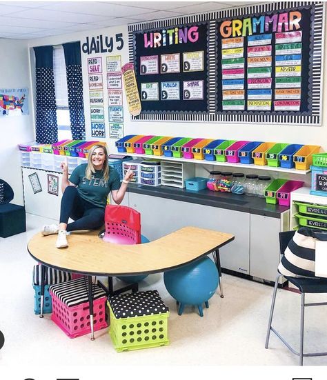 Classroom Setup Elementary Layout, Classroom Sink Area, Second Grade Classroom Setup, First Grade Classroom Set Up, Colorful Classroom Theme, Neon Classroom Decor, 4th Grade Classroom Setup, Neon Classroom, Classroom Setup Elementary