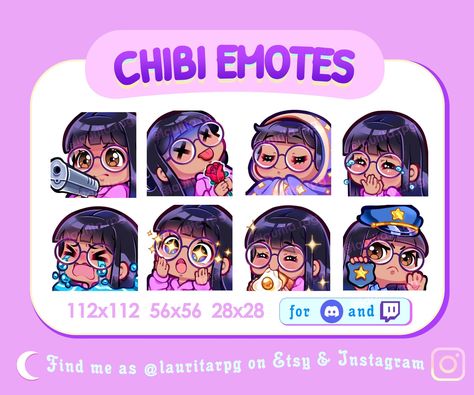 Excited Eyes Drawing, Chibi With Glasses, Straight Black Hair With Bangs, Twitch Emote Ideas, Black Hair With Bangs, Glasses Drawing, Chibi Eyes, Chibi Emotes, Skin Pack