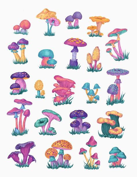 Colorful Mushroom Chart - Prints | Rosie Moon Creations Colorful Mushroom Art, Crystal Drawings, Mushroom Colors, Mushroom Chart, Mushroom Vibes, Mushrooms Trippy, Painted Mushrooms, Colorful Mushrooms, Notebook Doodles