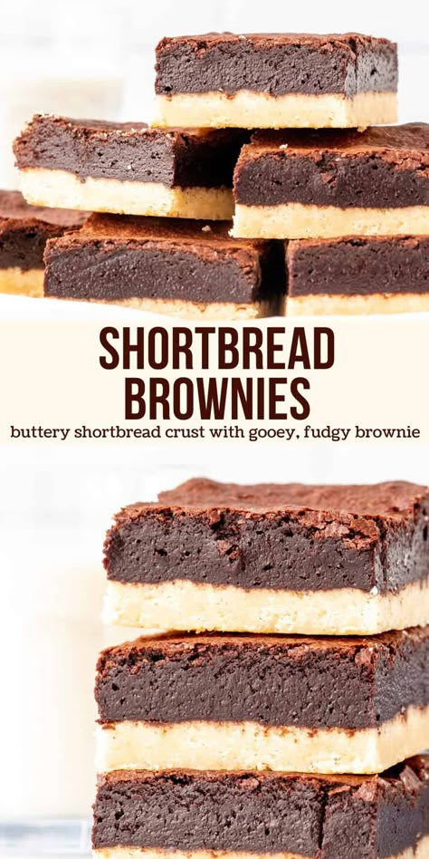 These shortbread brownies combine two classic desserts for the ultimate bar recipe. The shortbread base is buttery and tender and the brownie on top is rich, fudgy and perfectly decadent. #shortbread #brownies #shortbreadcrust #bars #recipe from Just So Tasty Shortbread Brownies Recipes, Brownie Shortbread Bars, Oatmeal Shortbread Bars, Shortbread Cookie Bars Recipes, Shortbread Base For Squares, Shortbread Brownie Bars, Brownie Box Recipes, Brownie Bars Recipes, Short Bread Bars