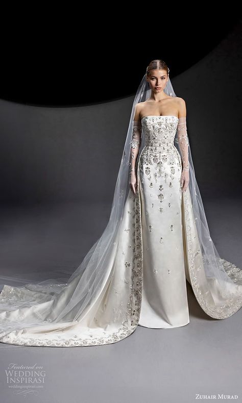 Weddinginspirasi.com featuring - zuhair murad fall 2024 bridal strapless straight across neckline embellished bodice column wedding dress a line overskirt chapel train (6) mv -- Zuhair Murad Fall 2024 Wedding Dresses #wedding #weddings #bridal #weddingdress #weddingdresses #bride #fashion #label:ZuhairMurad #season:Fall/Winter #week:462023 #year:2024 ~ Wedding Dresses Zuhair Murad, Zuhair Murad Bridal, Baju Kahwin, Column Wedding Dress, Wedding Dress Alterations, Classy Wedding Dress, Fancy Wedding Dresses, Gambar Figur, Dream Wedding Ideas Dresses