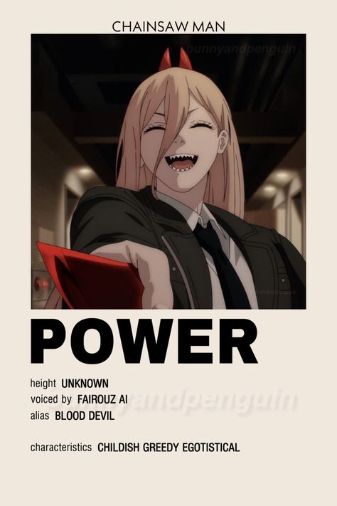 Minimalist Anime Poster, Poster Polaroid, Power Chainsaw Man, Anime Name, Anime Cards, Minimalist Anime, Power Chainsaw, Character Bio, Polaroid Posters