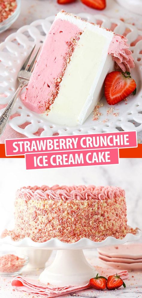 Betty Crocker Better Than Almost Anything Cake, Ice Cream Cake With Crunchies, Strawberry Vanilla Ice Cream Cake, Easy Ice Cream Cake Birthday, Strawberry Shortcake Icecream Cake, How To Decorate An Ice Cream Cake, Vanilla Ice Cream Dessert Ideas, Strawberry Icecream Cake, Ice Cream Cake Vanilla