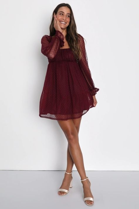 Burgundy Swiss Dot Dress - Babydoll Dress - Long Sleeve Dress - Lulus Womens Christmas Dress Holiday Parties, Burgundy Mini Dress Long Sleeve, Mini Dress Winter Formal, Fall Dresses With Cowgirl Boots, Long Sleeve Dance Dresses, Fall Brunch Dress, Hoco Dresses For Bigger People, Hoco Dresses Ruffle, Fall Mini Dresses