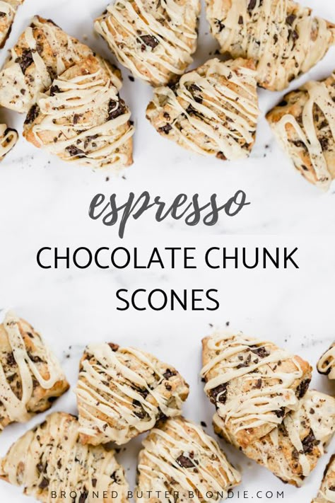 Dark Chocolate Scones Recipe, Chocolate Chip Espresso Scones, Dark Chocolate Scones, Browned Butter Chocolate Chunk Muffins, Scone Ideas Sweet, Scone Breakfast Platter, Chocolate Espresso Scones, Espresso Scones Recipe, Types Of Scones