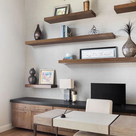 39 South Peak - Transitional - Home Office - Orange County - by Pinpoint Properties | Houzz Floating Shelves Behind Desk, Shelves Behind Desk, Office Wall Shelves, Dark Wood Desk, Transitional Home Office, Home Office Modern, Trendy Interior Design, Brown Floors, Transitional House