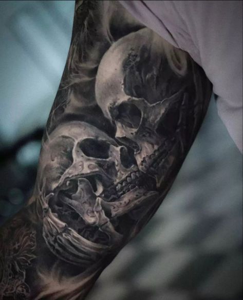 Skull Bicep Tattoo, Skull Tattoo Design For Men, Skull Tattoo Arm, Skull Tattoo For Men, Men’s Full Sleeve Tattoo, Realism Skull Tattoo, Nature Tattoos For Men, Relentless Betrayal, Tattoos For Siblings