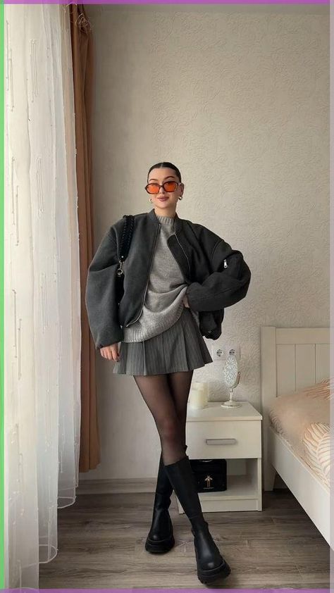 Winter Outfits With Pleated Skirts, Grey Tights Outfit Winter, Pleated Skirt And Jumper, Grey Pleated Skirt Outfit Summer, Mini Skirt Tights And Boots, Black Tennis Skirt Outfit Fall, Grey Mini Skirt Outfit Winter, Pleated Skirt Sweater Outfit, Black Mini Skirt Outfit Winter Tights