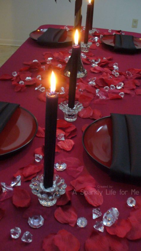 Red Black and Crystal Valentine's Day Table Decor Church Valentines Party, Crystal Valentine, Church Valentines, Mystery Party Game, Conversation Hearts Candy, Valentine Table, Table Decoration Ideas, Valentines Party Decor, Valentine Table Decorations