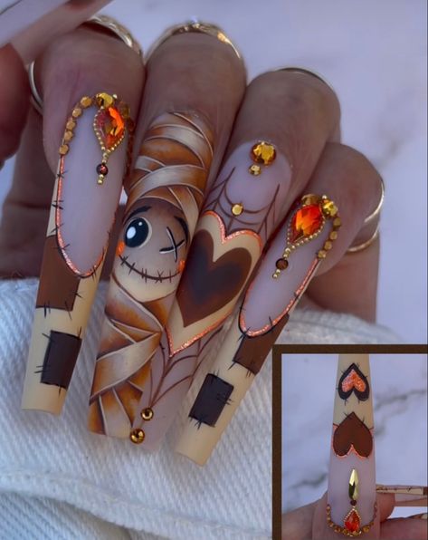 Scarecrow Nail Art, Scarecrow Acrylic Nails, Nails With Leaf Design, Coffin Nails Brown, Scarecrow Nails Designs, Thanksgiving/christmas Acrylic Nails, Fake Nails Blue, Scarecrows Nails, Scarecrow Nails