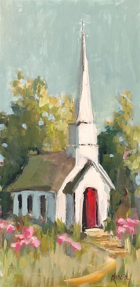 Churches To Paint, Watercolor Churches Simple, Old Church Paintings, Paintings Of Churches, Church Painting On Canvas, Country Church Painting, Tiny Artwork, Painted Churches, Church Artwork