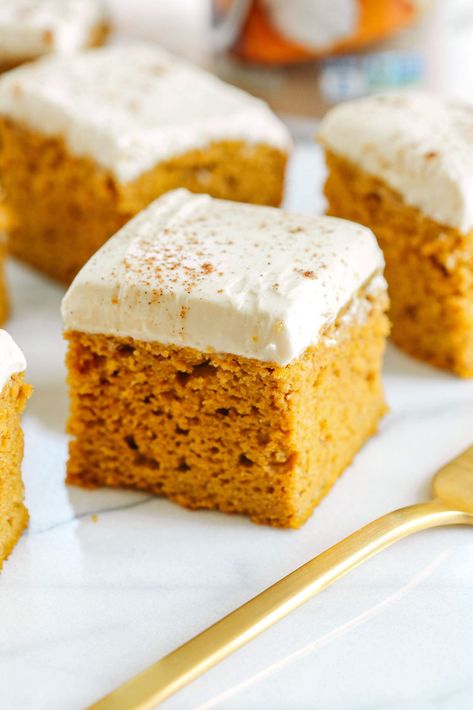 These Healthier Pumpkin Bars are moist, taste just like cake, and are made without any butter, oil or refined sugar!  Topped with a delicious maple cream cheese frosting and loaded with so much pumpkin flavor! Pumpkin Cake Bars, Pumpkin Cream Cheese Bars, Pie Inspiration, Healthy Pumpkin Bars, Bars With Cream Cheese Frosting, Recipe Design, Bars With Cream Cheese, Frosting Cake, Cream Cheese Bars