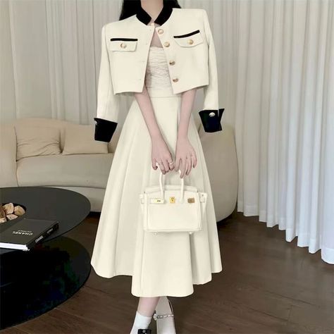 Long Skirt Suits, Suits Korean, Ladies Short Jackets, Skirt Suits, 2 Piece Sets, Chic Shirts, Flared Sleeves Top, Middle Age Fashion, Aline Skirt