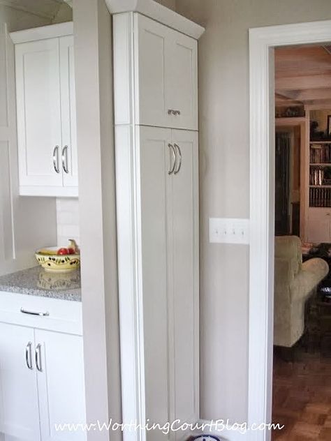 Narrow kitchen cabinet command center added to end of a bank of cabinets broom and mop storage Narrow Cabinet Kitchen, Narrow Pantry, Mop Storage, Broom Storage, Dressing Design, Narrow Cabinet, Narrow Kitchen, Kabinet Dapur, Marble Counter