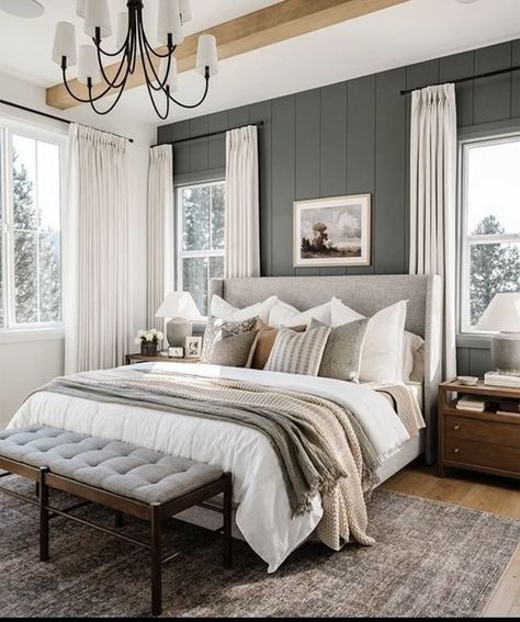 12 By 15 Bedroom Layout, Guest Bedroom Ideas White Bed, Bedroom Ideas With Two Windows, Bedroom Accent Wall Between Windows, Master Bed On Window Wall, Green Shiplap Bedroom, Blue Green Accent Wall Bedroom, Whole Wall Headboard, Bedroom Inspirations Black Bed