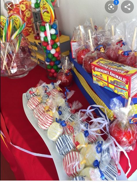 Circus Candy Table, Circus Treats Dessert Tables, Circus Theme Dessert Table, Carnival Birthday Treats, Carnival Candy Apples, Circus Theme Treats, Carnival Candy Table, Carnival Dessert Table, Carnival Sweets