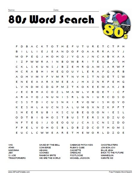 Free Printable 80s Word Search Puzzle 80s Printables Free, 80s Games Party, 80s Printables, 1980s Games, 80s Party Games, Birthday Party Games For Women, 80s Slang, Party Games For Women, Class Reunion Planning