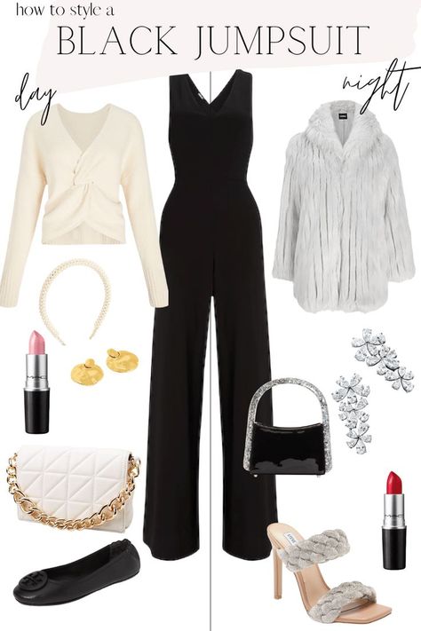 Jumpsuits Outfit Casual, From Day To Night Outfit Ideas, Jewelry For Black Jumpsuit, Shoes For Black Jumpsuit Classy, Black Jumpsuit Christmas Outfit, Black Jumpsuits For Women Classy, Strapless Jumpsuit Outfit Dressy, Style A Jumpsuit For Winter, Formal Black Jumpsuit Outfit