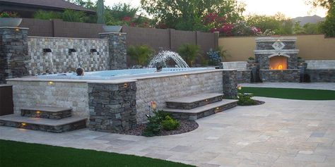 Spa Landscaping Ideas, Swim Spa Landscaping, Large Hot Tubs, Spa Landscaping, Large Hot Tub, Hot Tub Landscaping, Hot Tub Swim Spa, Backyard Covered Patios, Large Backyard Landscaping