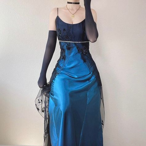 Blue Goth Prom Dress, Blue Villain Outfit, Blue 90s Prom Dress, Dark Blue Dress Prom, Alternative Prom Outfit, Dark Blue Dress Aesthetic, Blue Goth Outfits, Dark Blue Outfit Aesthetic, Emo Prom Dresses