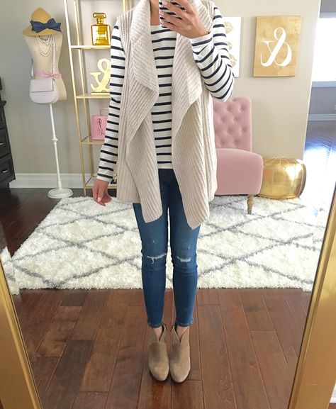 loft-cable-knit-sweater-vest-striped-tee-j-crew-toothpick-distressed-ankle-jeans-vince-camuto-franell-western-booties Fall Fashion Petite, Booties Outfit Fall, Long Sweater Vest, Cardigan Outfit, Plaid Cardigan, Fashion Petite, Outfit Fall, Vest Outfits, 여자 패션