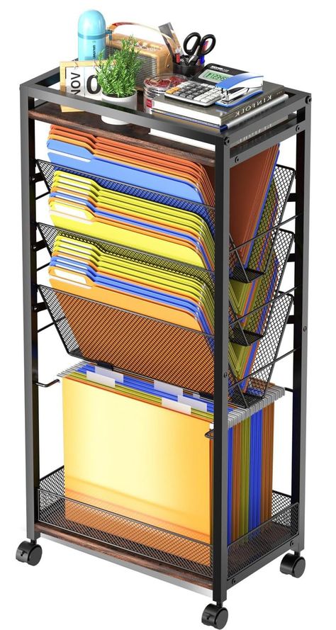 PRICES MAY VARY. 【Maximum Organization】8 Tier rolling file cart organizer with multiple storage options. the top basket for pen pot, cups and widget etc. 6 shelfing organizers assorted file, papers, binders file, mail, book etc, dual openings design for easy access. 【True Spacesaver】Compact size and rollers make file cart with wheels easy to move and store in narrow spaces, great for office or home office file storage, also as a rolling book cart in corners, kids' rooms or classrooms, all in one Organization Teacher, Cart Organization, File Folder Storage, Teacher Cart, Cubicle Organization, Letter Storage, Work Desk Organization, Desk File Organizer, Craft Storage Cart