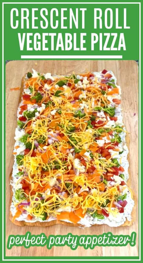 Vegetable pizza is made with a flaky crescent roll crust, a flavorful cream cheese spread, and a colorful medley of fresh vegetables. Make it for a crowd pleasing appetizer or a light meal. Veg Pizza Crescent Rolls, Vegetable Pizza Crescent Roll Ranch, Cressant Roll Pizza, Crescent Roll Veggie Pizza Cream Cheeses, Vegetable Pizza With Cream Cheese, Vegetable Pizza Crescent Roll, Cresent Roll Veggie Pizza, Vegtable Pizza, Veggie Pizza With Cream Cheese