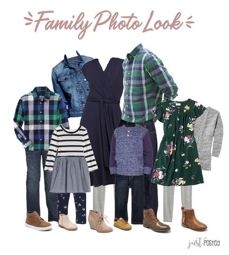 Trying to decide what to wear for family pictures? Here is the perfect coordinating look! It has lots of greens, navy, gray and plaid in it! Picture perfect for a family look! This link also had 7 other looks including some that are perfect for Christmas!!! Navy And Green Family Pictures, Green And Navy Family Photo Outfits, Green Family Pictures, Christmas Outfits For Family Pictures, Family Photo Outfits Winter, Fall Family Outfits, Family Holiday Pictures, Family Photos What To Wear, Family Portrait Outfits