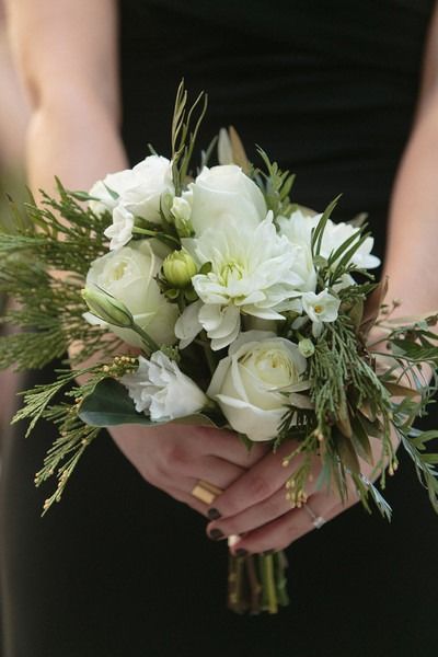 Winter wedding bouquet idea - ivory roses, mums, lisianthus and cedar and magnolia leaves {Arte De Vie} Cedar Wedding Bouquet, Train Station Wedding, Winter Bouquets, Forest Theme Wedding, Winter Wedding Bouquet, Winter Bouquet, Winter Wedding Decorations, Winter Wedding Flowers, Ivory Roses