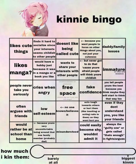 Natsuki Kinnie Bingo, Ddlc Kinnie Bingo, Ddlc Kinnie, Natsuki Kinnie, Kin Bingo, Artist Vibes, Kinnie Bingo, Bingo Sheets, Bingo Template