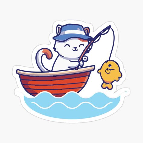 Get my art printed on awesome products. Support me at Redbubble #RBandME: https://www.redbubble.com/i/sticker/Copy-of-Cute-cat-fishing-funny-adorable-cat-by-Cutefy/66631512.EJUG5?asc=u Cat Fishing Drawing, Fishing Stickers, Cat With Fish, Fishing Cat, Cat Fishing, Boat Drawing, Animal Vector, Draw Ideas, Fish Wallpaper