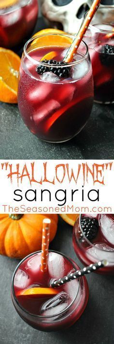 Festive drink for Halloween!  #sangria homechanneltv.com Halloween Drinks Alcohol Pitcher, Halloween Book Club Food, Easy Halloween Sangria, Halloween Sangria Punch, Spooky Sangria Recipes, Halloween Cocktails Easy Vodka, Halloween Sangria Recipes, Halloween Cocktails For A Crowd, Spooky Sangria