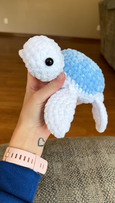 Blue and White hand-crochet turtle! I can also customize and personalize these, please feel free to reach out to me! Small Blue Crochet Projects, What To Crochet With White Yarn, Blue Crochet Projects, Blue Crochet Ideas, Blue And Yellow Crochet, Crocheted Plushies, Blue And White Crochet, Turtle Crochet Pattern, Beach Crochet