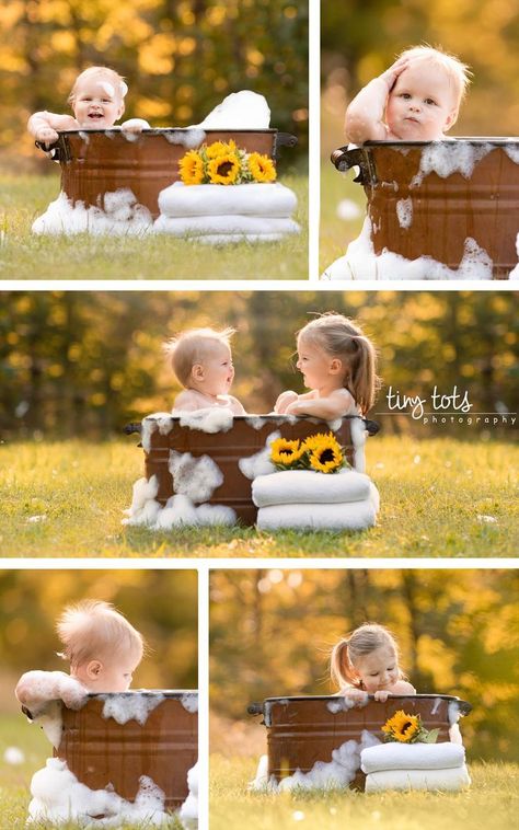 Outdoor Bubble Bath Photoshoot, Sibling Milk Bath Pictures, Wilderness Photoshoot Ideas, Toddler Milk Bath Photography, Bubble Mini Session Photo Shoot, Toddler And Baby Photo Ideas, Baby Milk Bath Pictures, 6 Month Boy Photo Shoot, Outdoor Toddler Photography