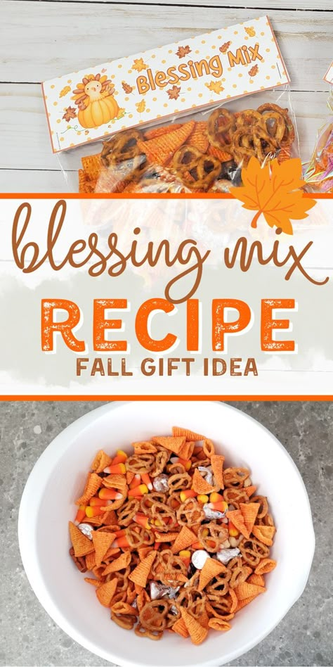 Blessing mix recipe for Thanksgiving or Friendsgiving favors Friendsgiving Treat Bags, Thanksgiving Favors For Guests Cricut, November Treats For Staff, Kids Thanksgiving Treats For School, Blessings Mix Recipe, Thanksgiving Goody Bags For Adults, Thanksgiving Blessing Mix Free Printable, Thanksgiving Candy Ideas, Friendship Mix Snack Thanksgiving