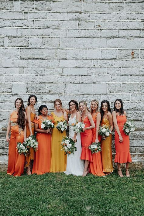 unique wedding dresses Tangerine Wedding, Slip Wedding Dress, Funky Wedding, Orange Bridesmaid, Citrus Wedding, Yellow Bridesmaid Dresses, Yellow Bridesmaids, Bridesmaid Dress Colors, Sunset Wedding