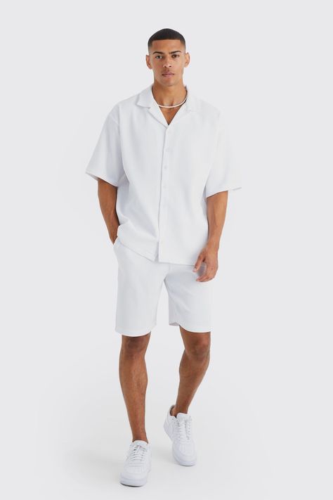 Men Outfits For Birthday, All White Guys Outfit, Beach Wedding Fits For Men, Patterned Mens Shirt, Guy Vacation Outfits Summer, Shirt And Shorts Outfit For Men, Mens Beach Party Outfit, Fashion Inspo For Men, Short Sleeve Tshirt Outfits