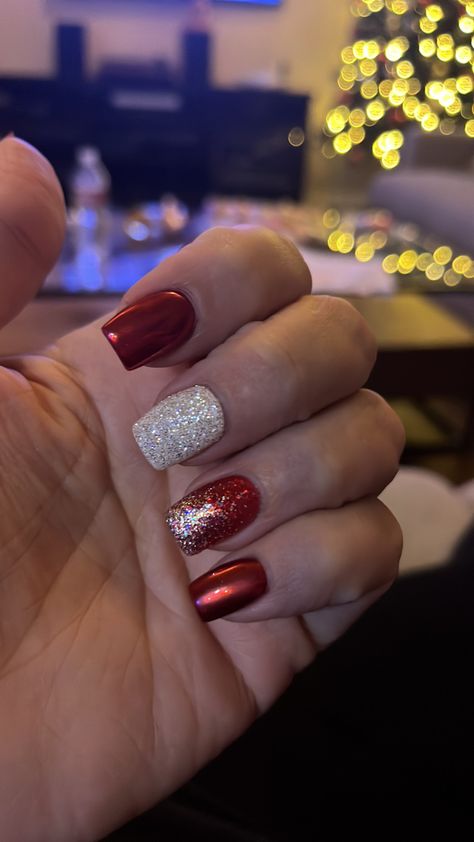 Red chrome, red glitter gel polish and dip powder white glitter Chrime Nails, Sparkly Christmas Nails, Chrome Red, Affordable Boutique Clothing, Sparkly Christmas, Red Chrome, Glittery Nails, White Glitter Nails, Glitter Gel Polish