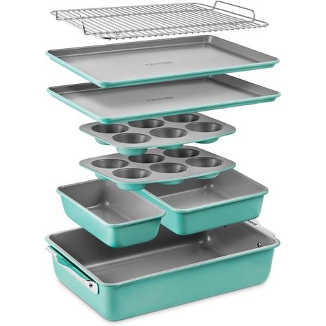 Elevate your baking experience with our 8-Piece Stackable Bakeware Set, a versatile and health-conscious addition to your kitchen arsenal. Crafted from high-gauge aluminized steel, this set ensures even heat distribution, promoting consistent and delicious results in every baking endeavor. The bakeware features a durable ceramic non-stick coating that is PFOA, PFAS, and PTFE-free, guaranteeing a healthier cooking experience without compromising on performance. Designed for convenience and comfort, the bakeware is equipped with ergonomic polished stainless steel handles, providing a secure grip for easy handling. The strong riveted handles add durability, making these pieces a reliable and long-lasting choice for your kitchen. This comprehensive set includes essential bakeware pieces for va Baking Dish Set, Sheet Pans, Ceramic Bakeware, Square Cake Pans, Welcome To My House, Cooling Rack, Health Conscious, Bakeware Set, Kitchen Cookware