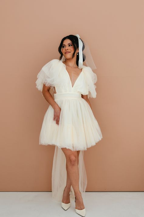 Calamigos Dress- Cream Short Ruffle Wedding Dress, Dramatic White Dress, Plus Size Engagement Photos Dress, Pink Mini Wedding Dress, Wedding Reception Dress Fun, Bride Reception Dress Plus Size, Elopement Ideas Dress Plus Size, Tulle Reception Dress, Short Wedding Dress With Tights