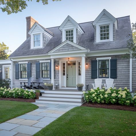 Cape Cod House Interior 💙💙🤍🤍 Front Porch Cape Cod House, Cozy Cape Cod Interior, Cape Cod Modern Exterior, Grey Cape Cod House Exterior, Cape Cod House Exterior Before And After, Cape Cod Front Porch Ideas, White Cape Cod Exterior, Cap Cod House, Farmhouse Cape Cod