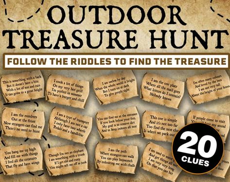 Kids Treasure Hunt Clues, Pirate Scavenger Hunts, Kids Treasure Hunt, 40th Birthday Party Games, Pirate Treasure Hunt, 40th Birthday Games, Scavenger Hunt Riddles, Treasure Hunt For Kids, Clue Games