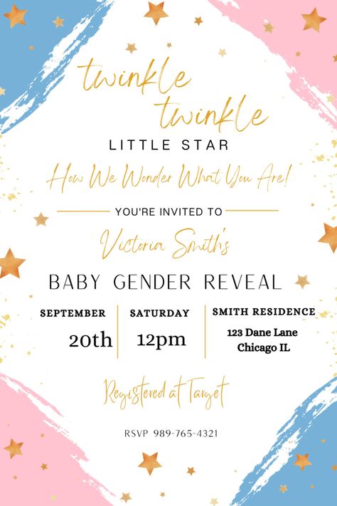 Gender Reveal Party Invitations Template, Gender Reveal Flyer Ideas, Gender Reveal Invitations Template Free, Gender Reveal Flyer, Gender Reveal Invitation Ideas, Star Gender Reveal, Themed Gender Reveal, Gender Reveal Baby Shower Themes, Gender Reveal Invitations Template